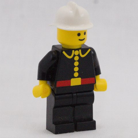 Minifigurka Fireman, Classic, Black Fire Jacket with Red Belt and Buttons, White Helmet (Re-issue Torso)