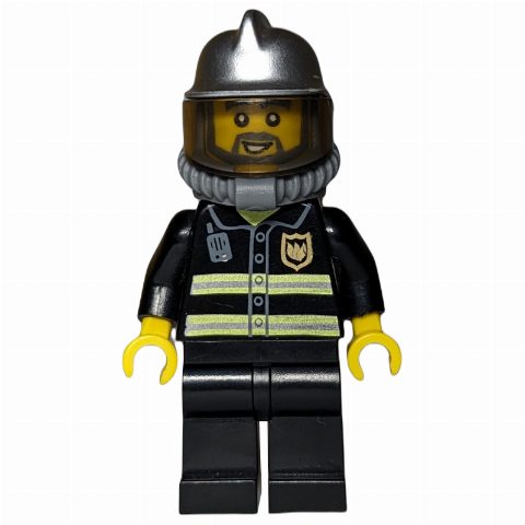 Minifigurka Fireman, Black Fire Jacket with Radio and Badge, Silver Helmet with Visor, Airtanks, Breathing Apparatus, Beard