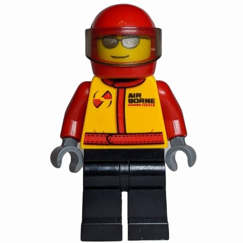 Minifigurka Pilot, Yellow Torso, Black Legs, Red Helmet