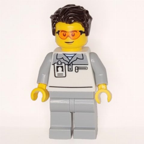 Minifigurka Garage Worker, White/Light Bluish Grey Suit, Dark Brown Hair, Glasses