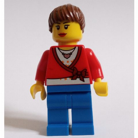 Minifigurka Red Torso, Blue Legs, Reddish Brown Hair