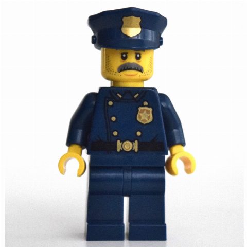 Minifigurka Policeman, Dark Blue Suit with Large Lapels and Gold Buttons, Police Hat, Moustache