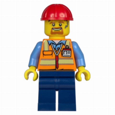 Minifigurka Construction Worker, Orange Safety Vest, Dark Blue Legs, Red Hard Hat, Goatee
