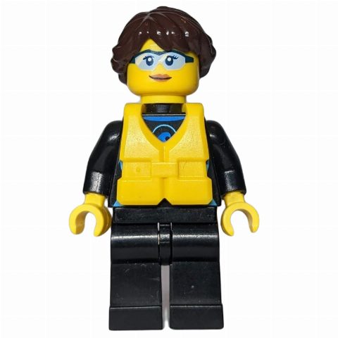 Minifigurka Woman, Black Wetsuit, Dark Brown Hair, Yellow Life Vest, Safety Glasses