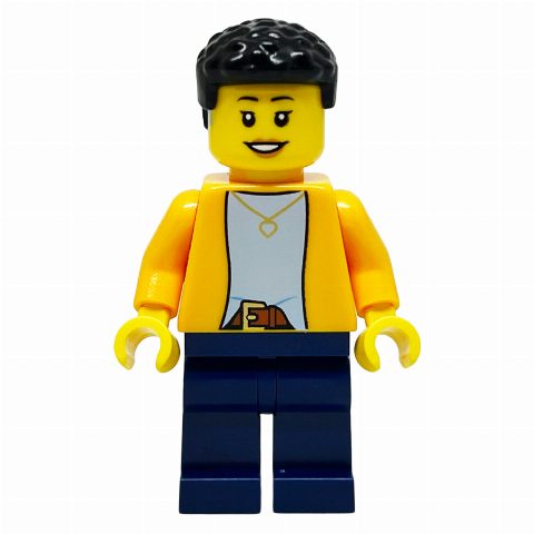 Minifigurka Bright Orange Torso, Dark Blue Legs, Black Hair, Hearing Aid