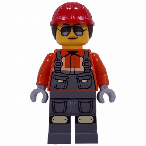 Minifigurka Construction Worker, Reddish Orange Safety Jacket, Overalls, Red Helmet, Reddish Brown Hair