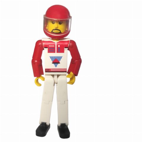 Minifigurka Technic Figure White Legs, White Top with Red Vest, Red Arms, Black Hair - Red Helmet