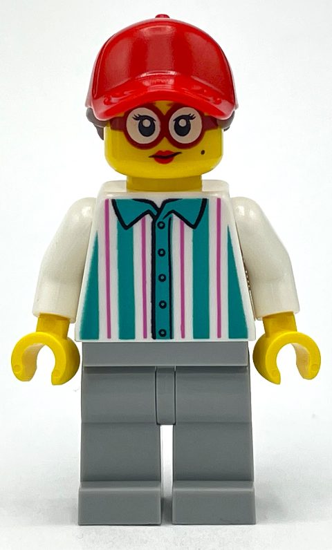 Minifigurka White/Dark Turquoise Torso, Light Bluish Grey Legs, Red Cap with Reddish Brown Hair