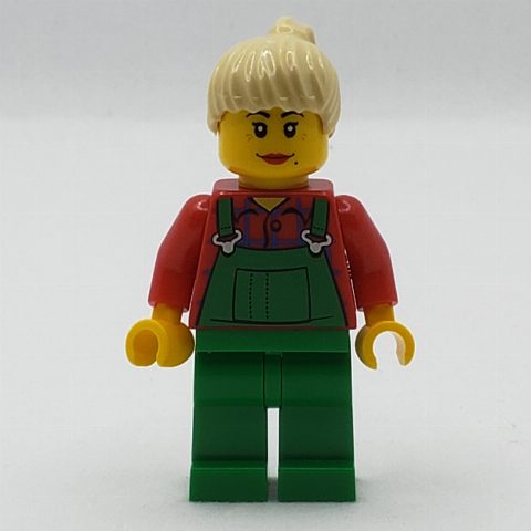 Minifigurka Woman, Green Overalls over Red Plaid Shirt, Tan Ponytail
