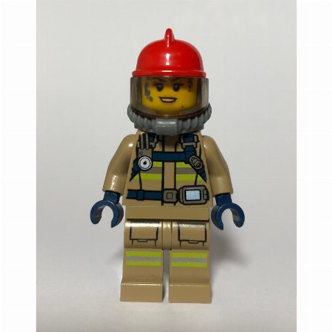 Minifigurka Firewoman, Dark Tan Fire Suit with Gauge and Straps, Red Helmet, Breathing Apparatus, Airtanks, Dirty
