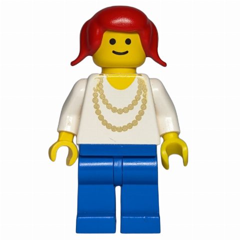 Minifigurka Woman, White Top with Yellow Necklace, Blue Legs, Red Hair