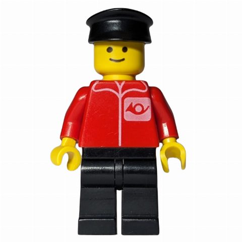 Minifigurka Postal Worker, Red Shirt with Horn Logo, Black Legs, Black Hat (3626b Head)