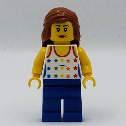 Minifigurka Woman, Tank Top with Rainbow Colored Stars, Blue Legs, Dark Orange Hair