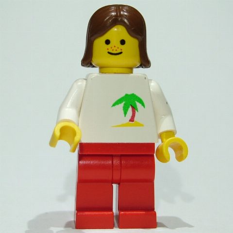 Minifigurka Woman, White Torso with Palm Tree, Red Legs, Brown Hair