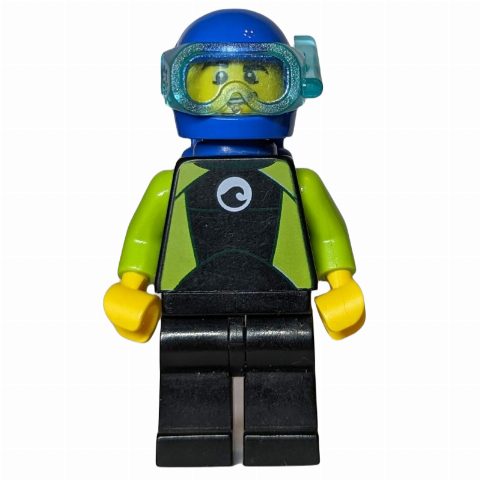 Minifigurka Diver, Man, Black and Lime Wetsuit, Blue Helmet and Mask