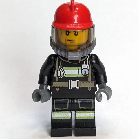 Minifigurka Fireman, Black Firesuit, Red Helmet, Blue Airtanks