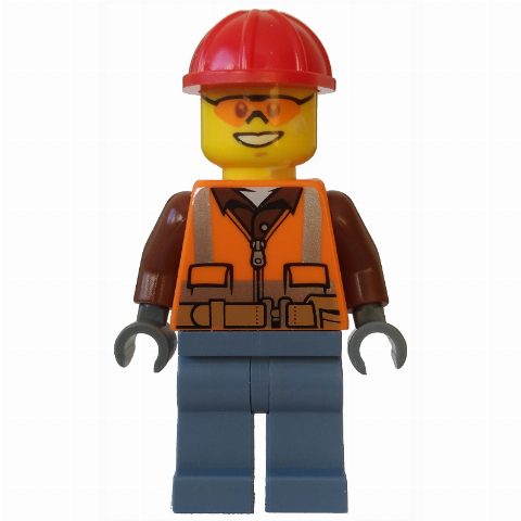Minifigurka Lumberjack, Orange Safety Vest with Zipper over Reddish Brown Shirt, Sand Blue Legs, Red Hard Hat, Orange Safety Glasses
