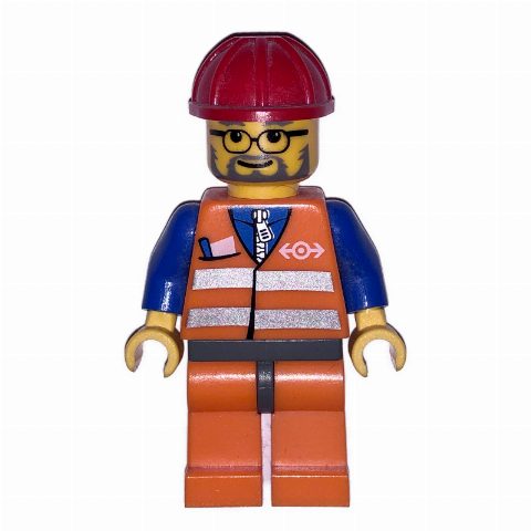 Minifigurka Train Worker, Orange Safety Vest with Train Logo, Orange Legs, Red Hard Hat, Glasses and Beard
