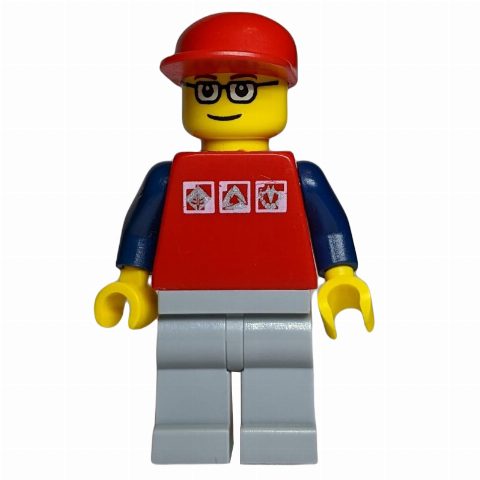 Minifigurka Man, Red Shirt with Dark Blue Arms, Red Cap, Glasses