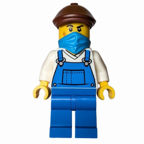 Minifigurka Train Driver, Blue Overalls, Mask, Reddish Brown Cap