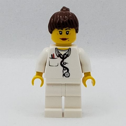 Minifigurka Doctor, Woman, White Torso with Stethoscope and Pocket, White Legs, Dark Brown Ponytail