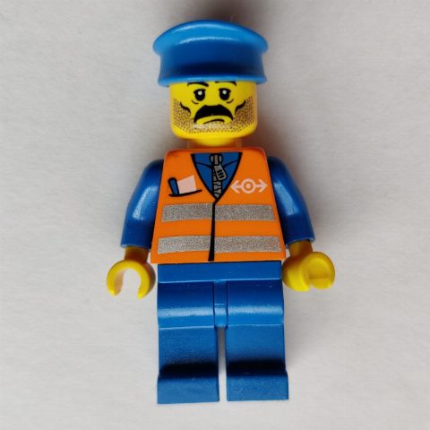Minifigurka Train Worker, Orange Safety Vest with Train Logo, Blue Legs, Blue Hat, Moustache
