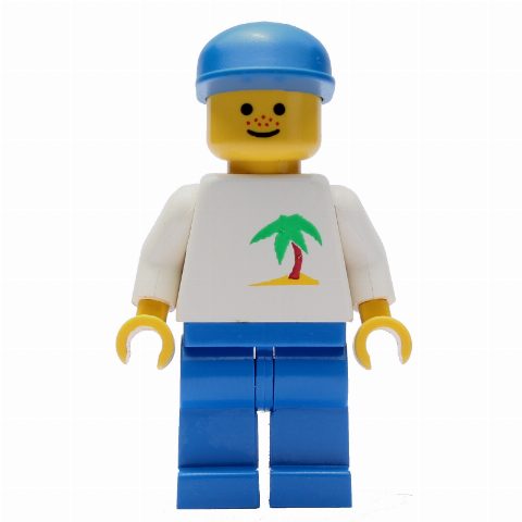 Minifigurka Man - White Torso with Palmtree, Blue Legs, Blue Cap