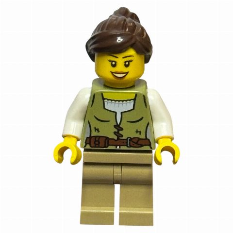 Minifigurka Woman, Olive Green Torso, Dark Tan Legs, Dark Brown Hair