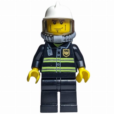 Minifigurka Fireman, Black Fire Jacket with Radio and Badge, White Helmet, Airtanks, Breathing Apparatus