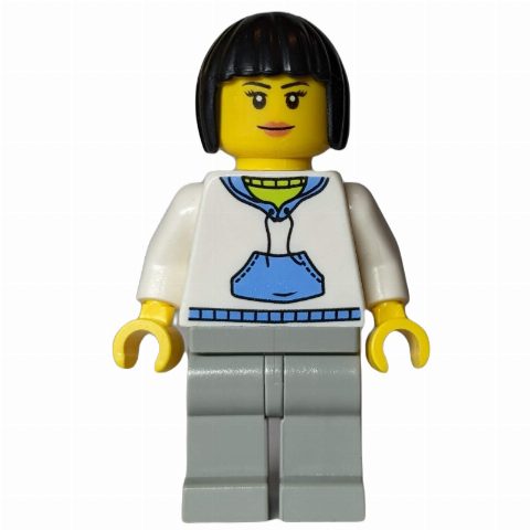 Minifigurka Woman, White and Blue Hoodie, Light Bluish Gray Legs, Black Hair