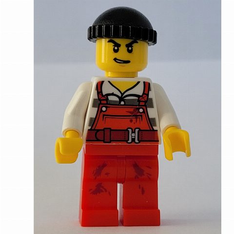 Minifigurka Criminal Joe Frankfurter, Red Overalls over Prison Shirt, Black Hat