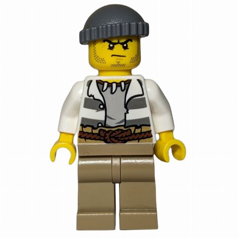 Minifigurka Criminal, Open Prison Shirt, Dark Tan Legs, Dark Bluish Gray Hat
