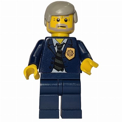 Minifigurka Policeman, Dark Blue Suit with Tie and Badge, Light Gray Hair, Beard