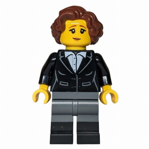 Minifigurka Woman, Black Torso, Dark Bluish Grey Legs, Reddish Brown Hair