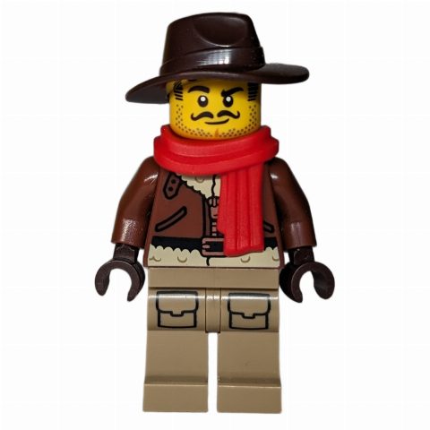 Minifigurka Explorer, Reddish Brown Jacket, Dark Brown Hat, Red Scarf