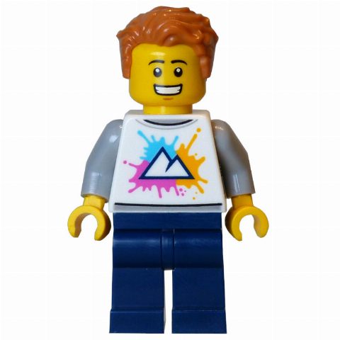 Minifigurka Tourist, White Torso, Dark Blue Legs, Medium Nougat Hair