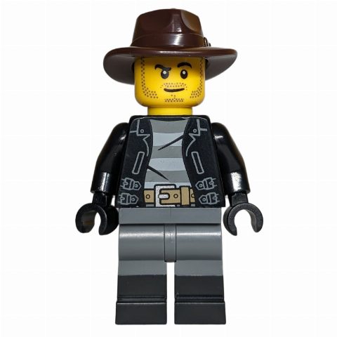 Minifigurka Robber, Black Torso, Dark Bluish Grey Legs, Dark Brown Fedora