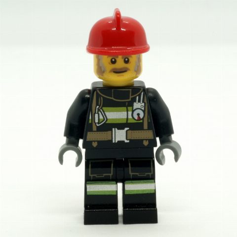 Minifigurka Fire Fighter - Black Torso, Black Legs, Red Helmet, Dark Tan Beard