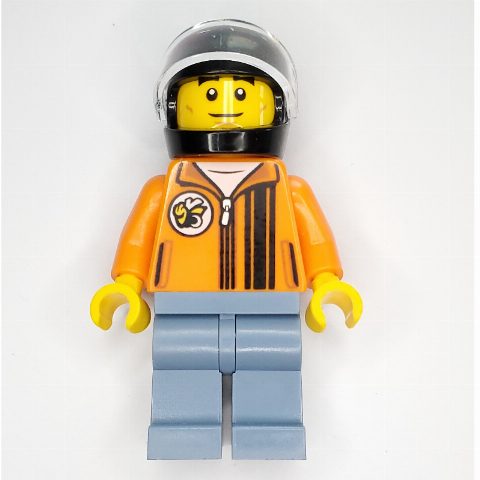 Minifigurka Race Driver - Orange Torso, Sand Blue Legs, Black Helmet