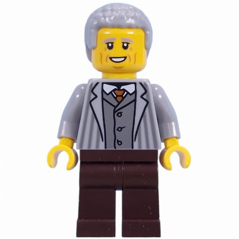 Minifigurka Visitor, Light Bluish Grey Torso, Dark Brown Legs, Light Bluish Grey Hair