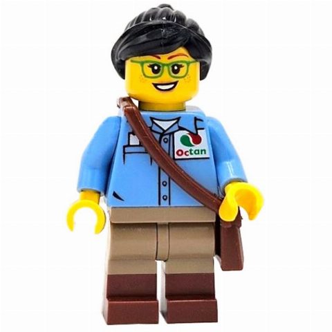 Minifigurka Train Worker, Medium Blue Torso, Dark Tan Legs, Reddish Brown Boots, Black Hair