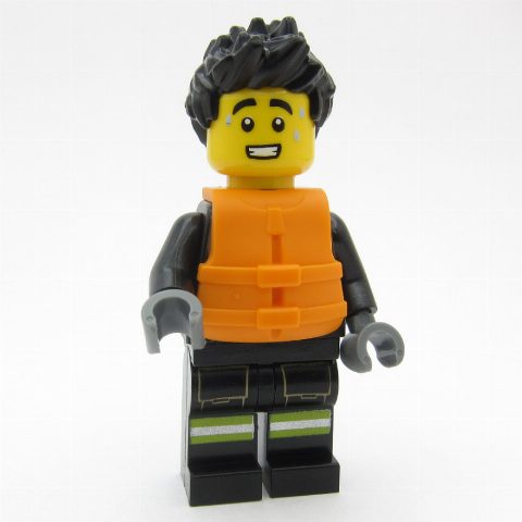 Minifigurka Firefighter, Black Fire Suit, Orange Life Jacket, Black Hair