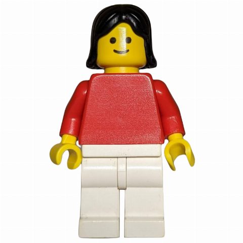 Minifigurka Woman, Red Torso, White Legs, Black Hair