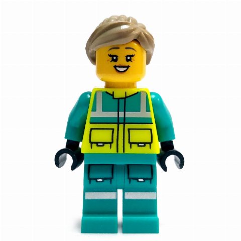 Minifigurka Paramedic, Vibrant Yellow Safety Vest, Dark Turquoise Legs, Dark Tan Hair