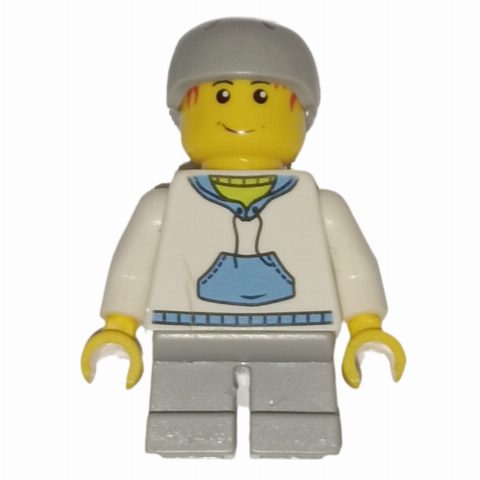 Minifigurka Boy, White and Blue Hoodie, Short Light Bluish Gray Legs, Light Bluish Gray Helmet