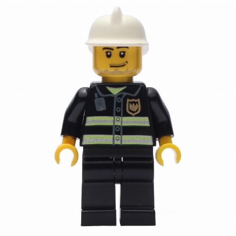 Minifigurka Fireman with Reflective Stripes and Radio, White Fire Helmet, and Beard Stubble