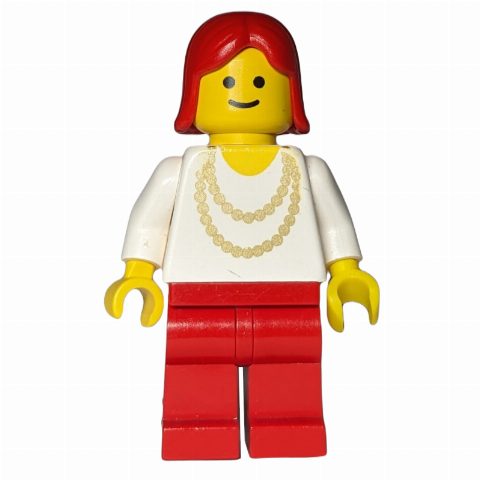 Minifigurka Woman, White Shirt with Gold Necklace, Red Legs, Red Hair (3626b Head)
