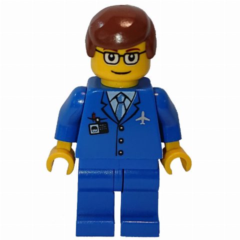Minifigurka Airline Worker, Blue Suit with Tie and Plane Logo, Reddish Brown Hair, Glasses