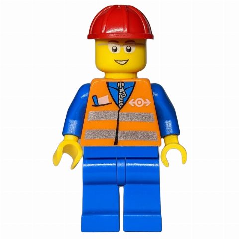 Minifigurka Worker - Orange Safety Vest, Blue Legs, Red Helmet, Glasses