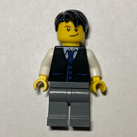Minifigurka Man, Black Vest and Tie, Dark Bluish Gray Legs, Black Hair